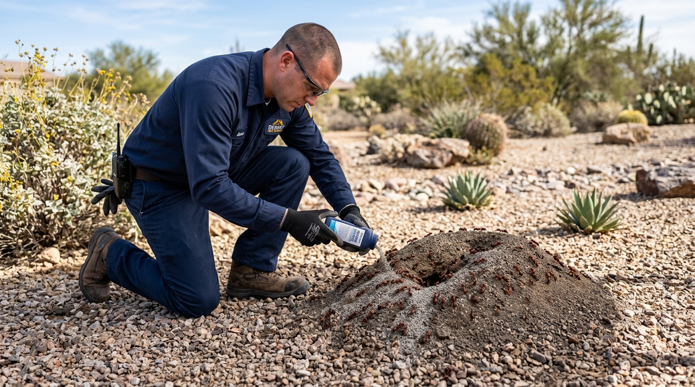 Technician treating xeriscape gravel landscaping and foundation perimeters