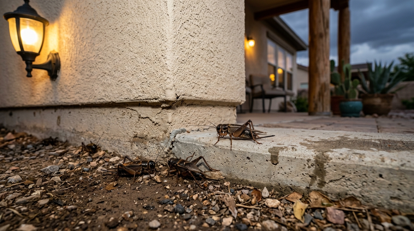 Monsoon field crickets active around lighted porch foundation in El Paso
