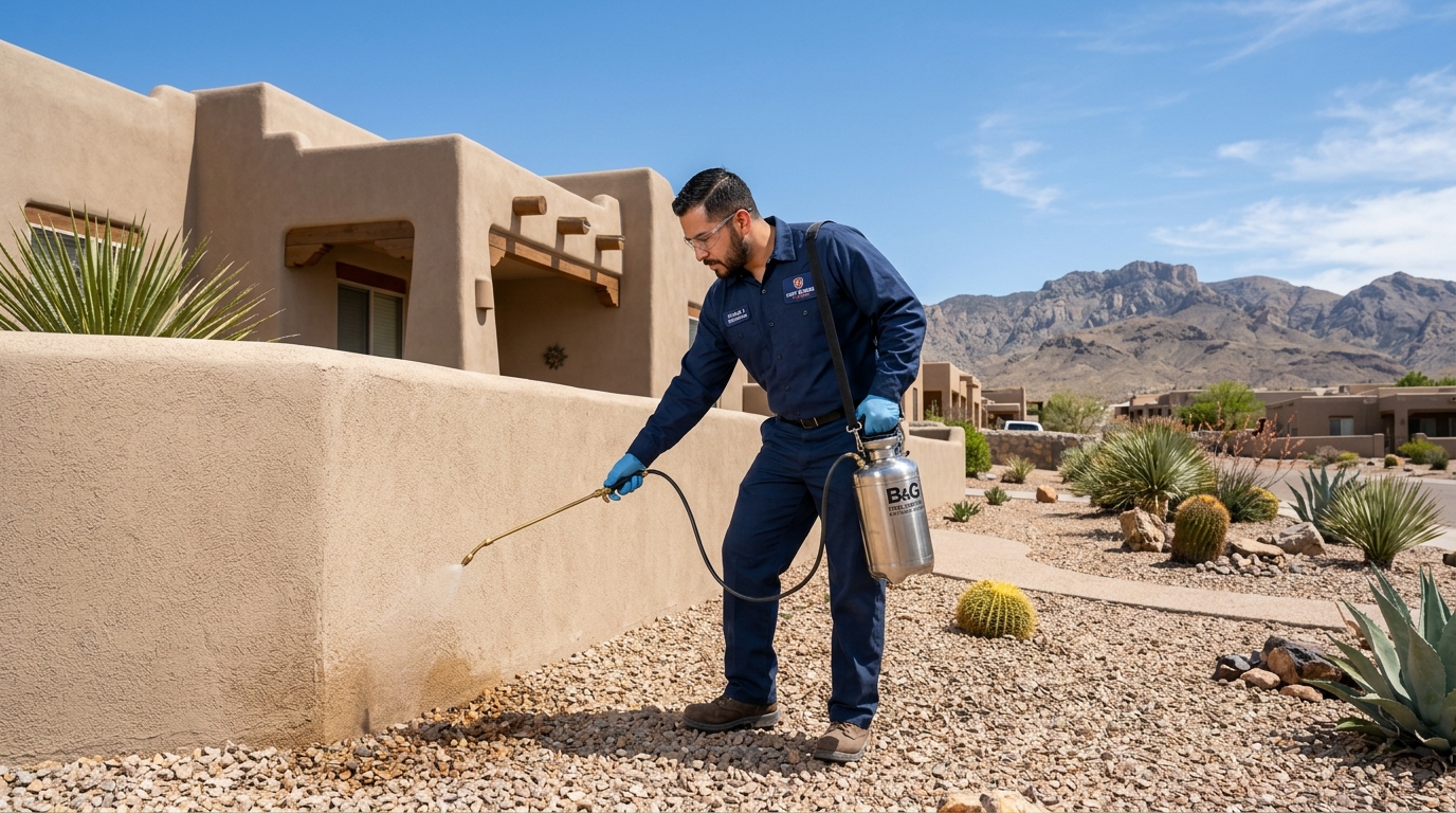 Technician inspecting rural perimeter for kissing bugs and desert scorpions in Clint