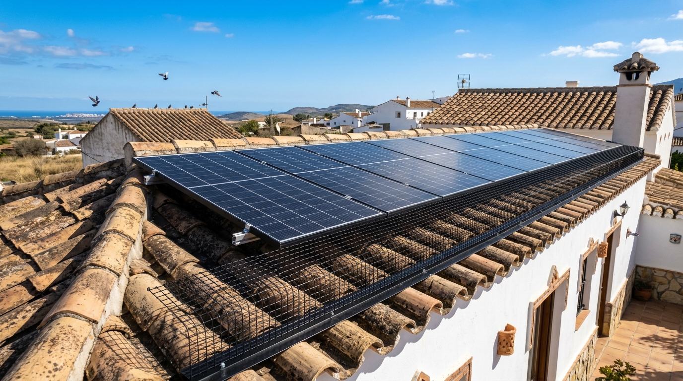 Galvanized wire mesh bird barrier guard on rooftop solar panels