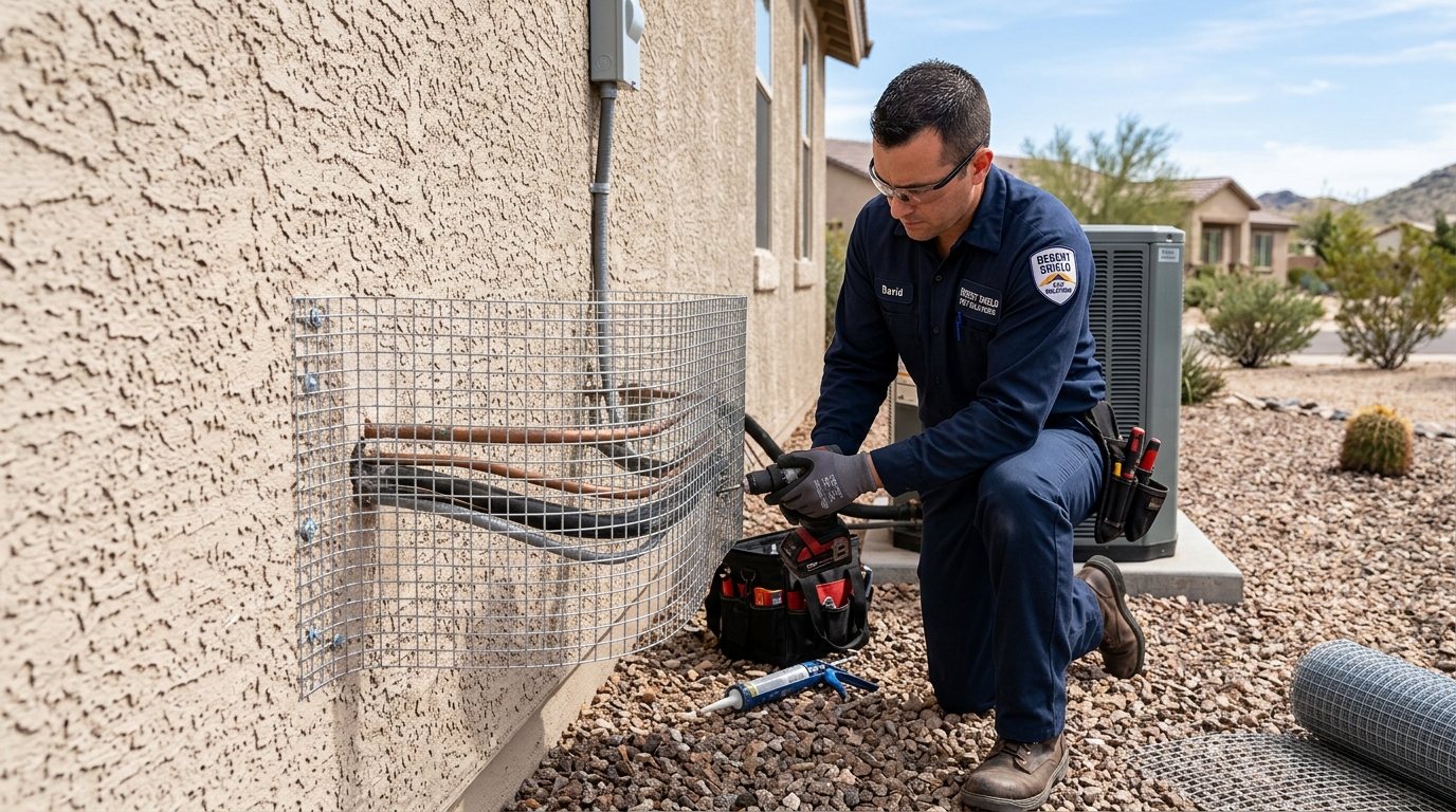 Technician installing galvanized steel mesh exclusion on AC lines on stucco wall