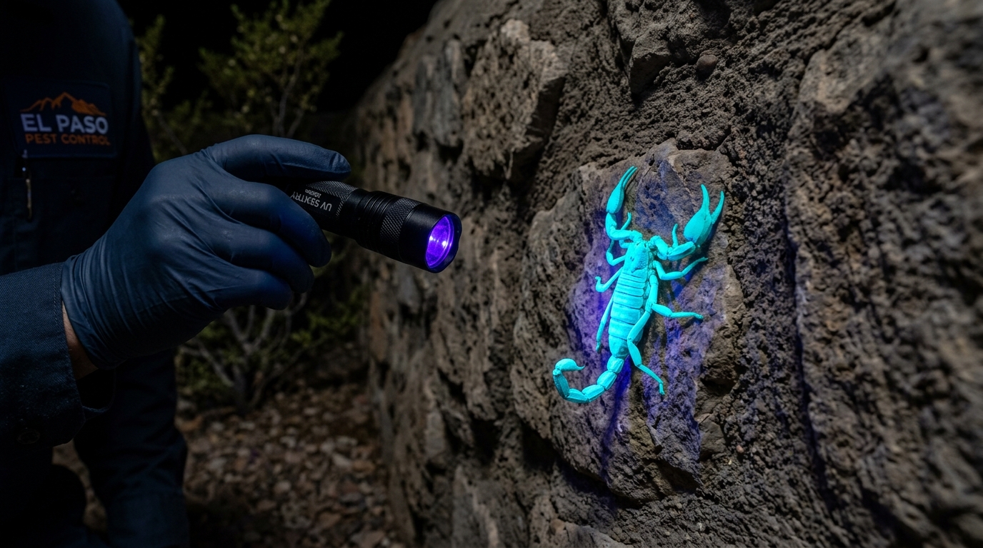 UV blacklight night inspection on rock wall with glowing cyan bark scorpion