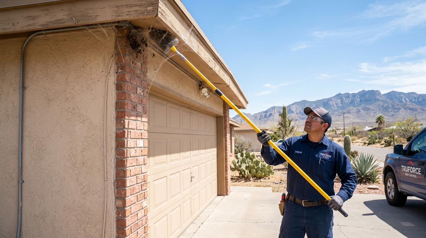 Technician clearing spider webs and inspecting exterior eaves