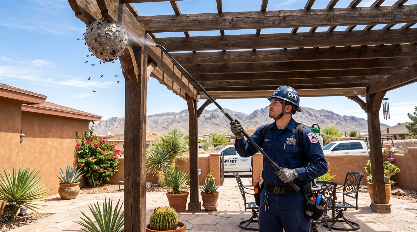 Technician using telescopic pole removing paper wasp nest from patio pergola